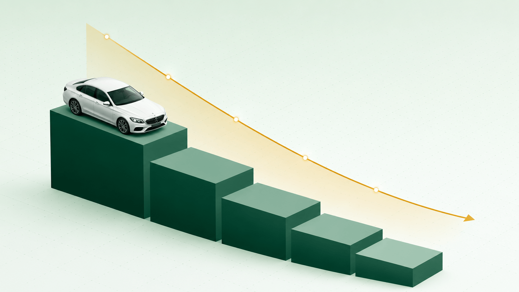 Isometric illustration of a fleet vehicle descending five steps, showing straight-line depreciation of book value over a five-year useful life