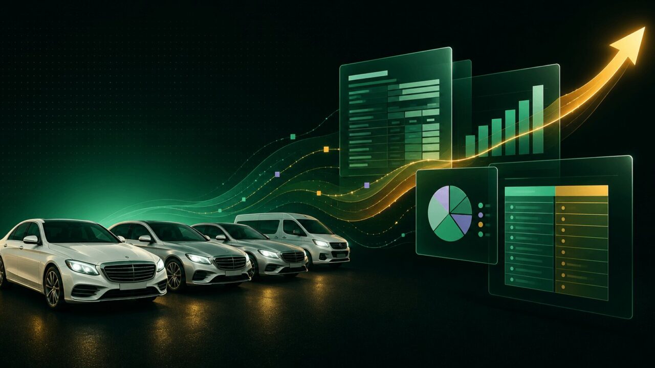 Fleet of vehicles flowing into a balance sheet, bar chart and ledger, illustrating fleet management software with built-in accounting