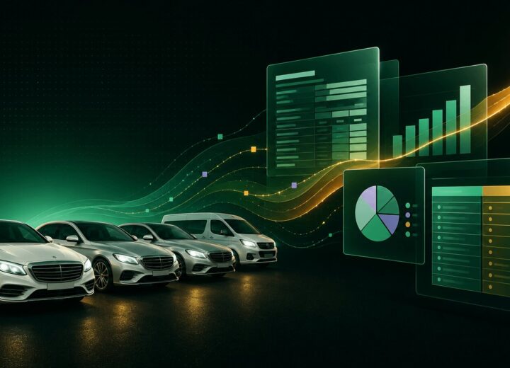 Fleet of vehicles flowing into a balance sheet, bar chart and ledger, illustrating fleet management software with built-in accounting