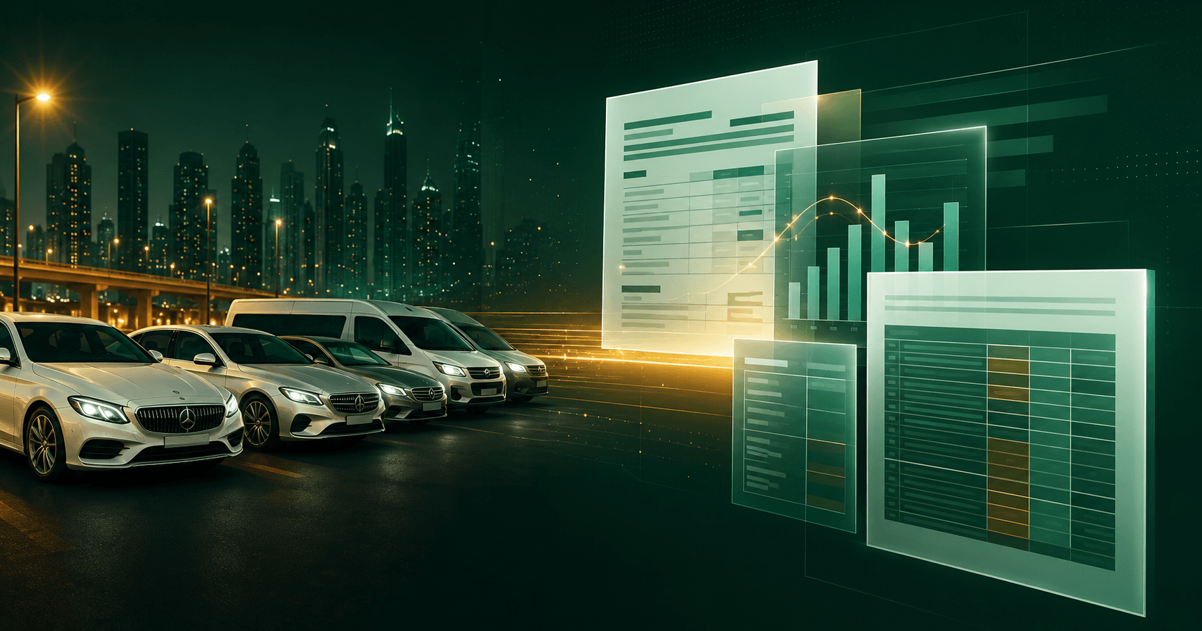 Fleet vehicles on the left transforming into a balance sheet and ledger on the right, illustrating fleet management software with built-in accounting