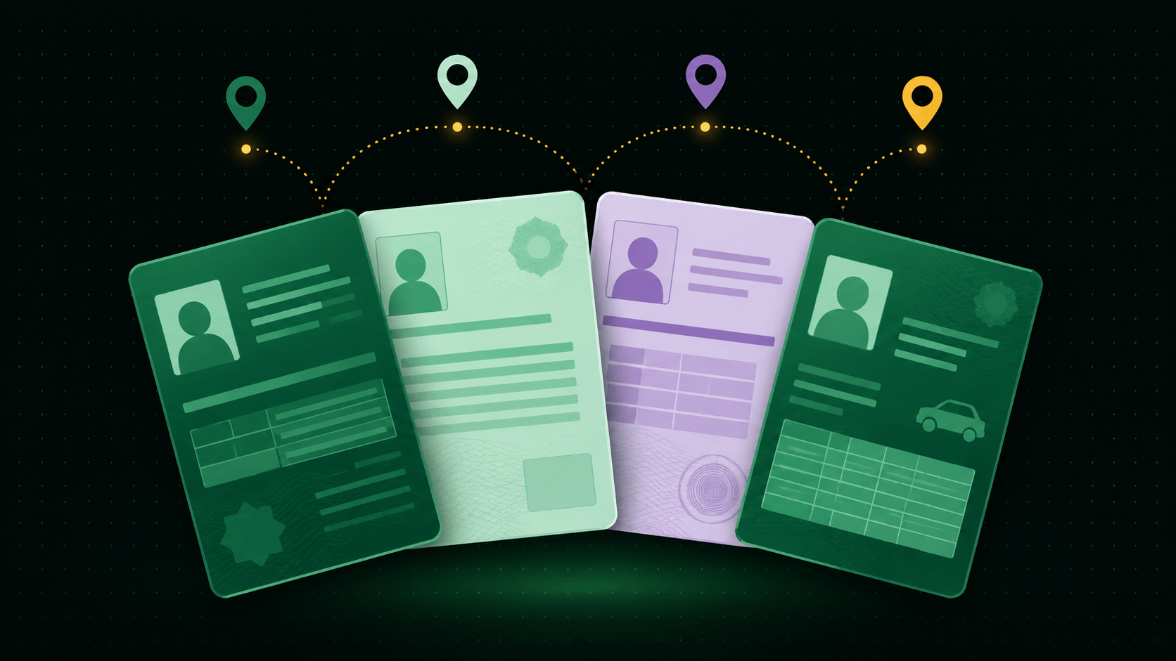 Four different national identity and vehicle registration document types, illustrating how fleet software must ask for the correct documents in each country